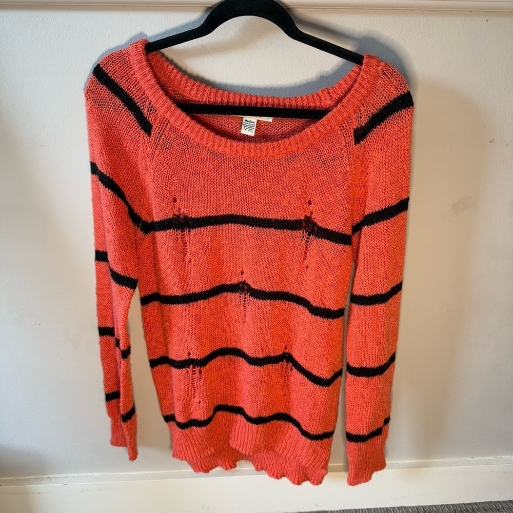 Love By Design Orange and Black Striped Sweater Distressed